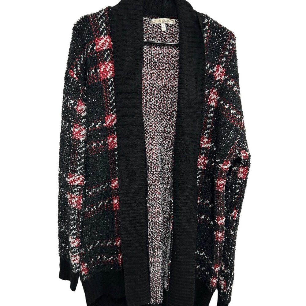 Tru Self Womens Plaid Black Red Open Front Cardigan Sweater Size Medium Cozy
